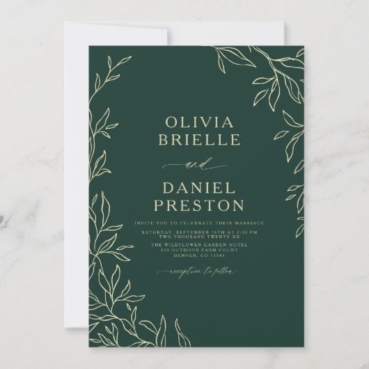 QR Code Groen Goud Minimal Leaf Wedding Kaart (Voorkant)