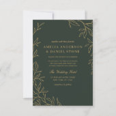 QR Code Groen Goud Minimal Leaf Wedding Kaart (Voorkant)