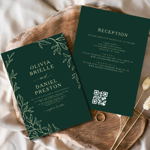 QR Code Groen Goud Minimal Leaf Wedding Kaart