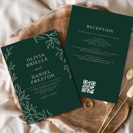 QR Code Groen Goud Minimal Leaf Wedding Kaart