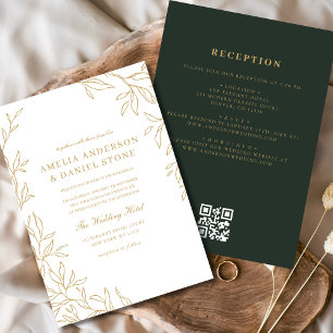 QR Code Groen Goud Minimal Leaf Wedding Kaart