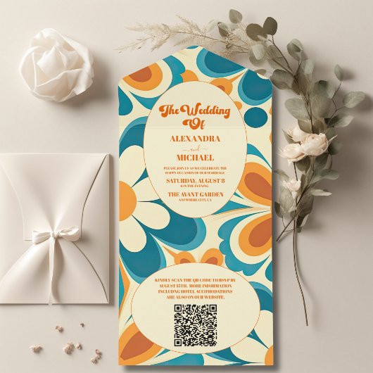 QR Code Groovy Kleurrijke Unieke Retro Bruiloft All In One Uitnodiging