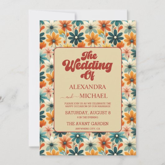 QR Code Groovy Retro 70er jaren Bloemige Huwelijk Kaart (Voorkant)