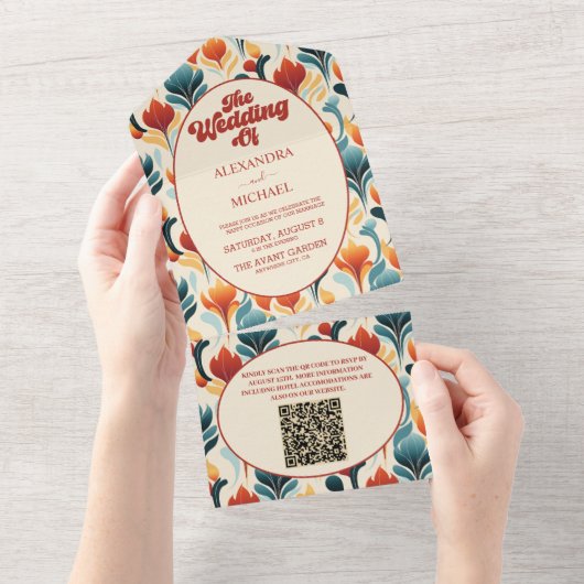 QR Code Groovy Retro 70s Bloemenbruiloft All In One Uitnodiging (Afscheurbaar)