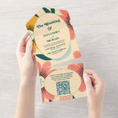 QR Code Groovy Retro Roze & Gouden Bruiloft All In One Uitnodiging (Afscheurbaar)