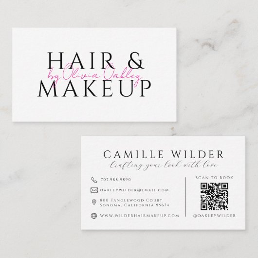 QR Code Haar En Make-up Blush Roze Script Naam Visitekaartje (Voorkant / Achterkant)
