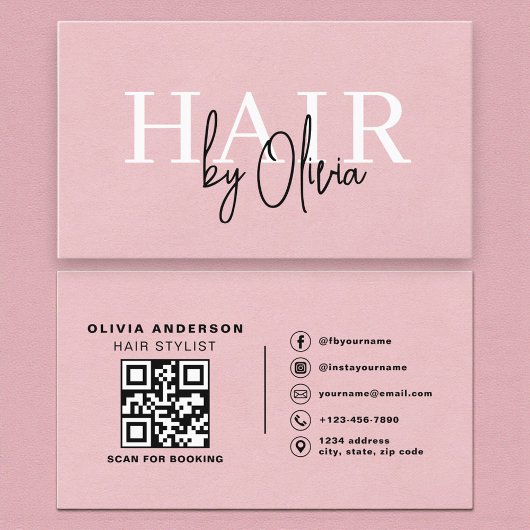 QR Code Hair Stylist Pink Suede Typography Visitekaartje