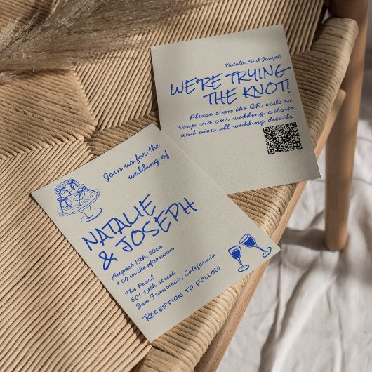 QR Code Hand Drawn Blue Cake Bows Unique Wedding  Kaart