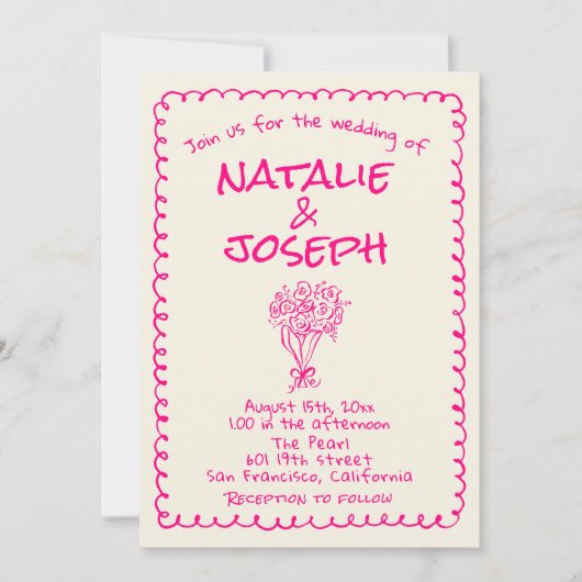 QR Code Hand Drawn Vivid Pink Retro Funky Wedding Kaart (Voorkant)