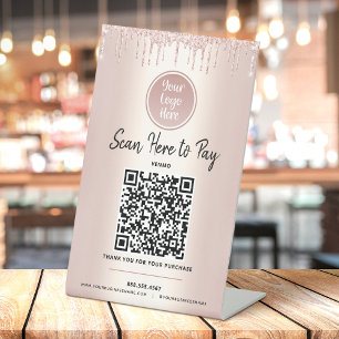 QR-code Hier betalen Roos Gold Glitter Aangepast L Reclamebord Met Voetstuk