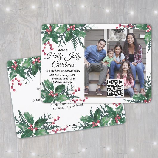 QR-code Holly Jolly kerstgroen 1 foto Feestdagenkaart