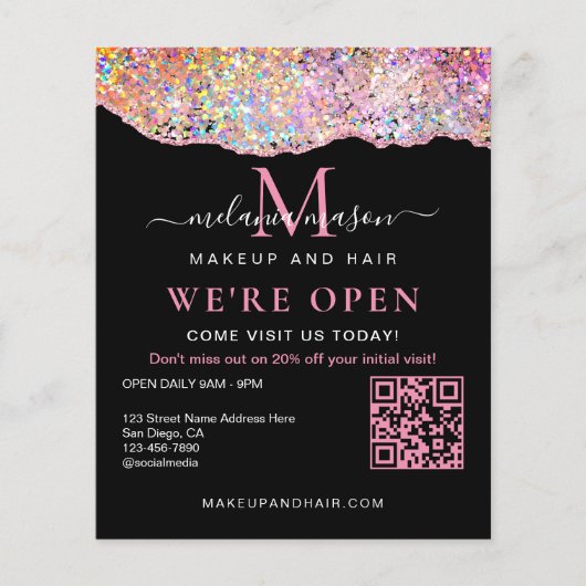 QR Code Holografisch Agate Glitter We're Open Zwar Flyer (Voorkant)