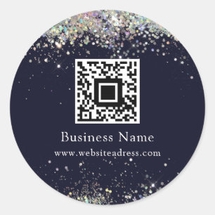 QR Code Holographic Glitter Business Blue Ronde Sticker