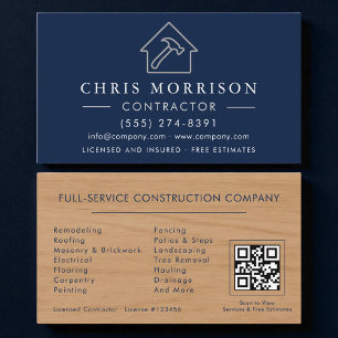 QR Code Houten Bouwconstructie Navy Blauwe Visitekaartje