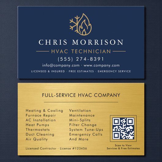 QR Code HVAC Technician Navy Blue Gold Visitekaartje