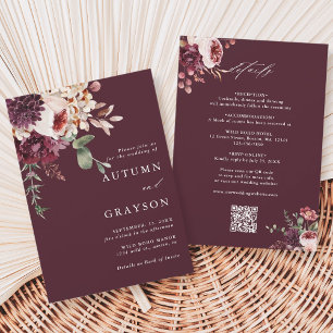 QR-code in één herfst Romance Burgundy Wedding Kaart
