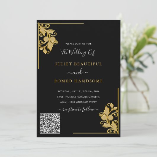 QR Code Info Floral Black Gold Faire-part de maria (Debout devant)