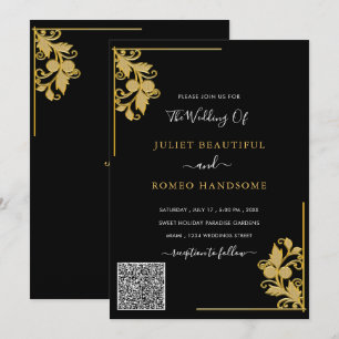 QR Code Info Floral Black Gold Weduwen Uitnodiging