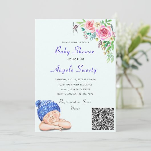 QR Code Info Happy Sleeping Baby shower Invitation (Debout devant)