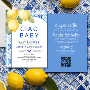 QR Code Italiaans Blauw Tegels Citroen Baby shower Kaart