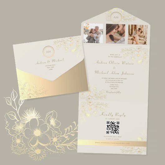 QR Code Ivory Gold Floral Wedding All In One Uitnodiging