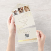 QR Code Ivory Gold Floral Wedding All In One Uitnodiging (Afscheurbaar)