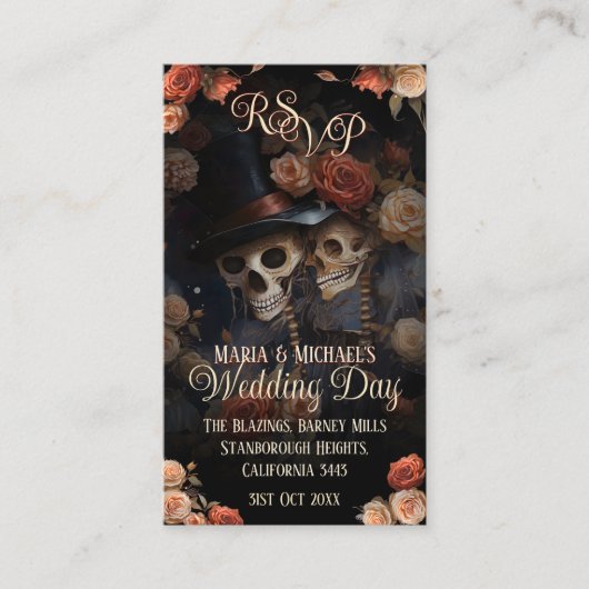 QR Code Kissing Skeletten RSVP Gotische bruiloft Informatiekaartje (Voorkant)