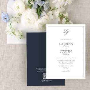 QR-code Klassiek donkerblauw script monogram bruil Kaart