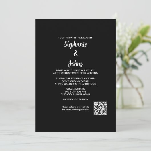 QR Code Klassiek Zwart Wit Script 2024 Bruiloft Kaart (Staand voorkant)