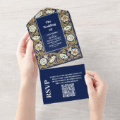 QR Code Klassieke Blauwe Art Nouveau Bruiloft All In One Uitnodiging (Afscheurbaar)