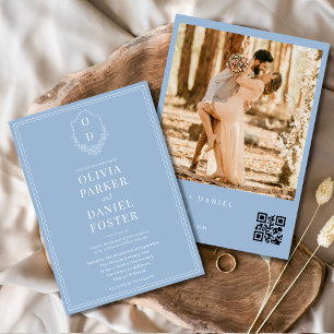 QR Code Klassieke Wapen Dusty Blue Foto Bruiloft Kaart