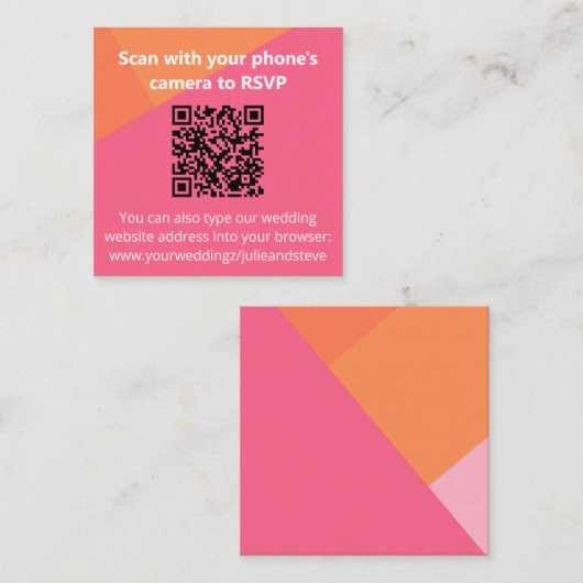 QR Code Kleurblok Oranje Roze bruiloft RSVP Informatiekaartje (Voorkant / Achterkant)