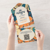 QR Code Kleurrijke Groovy Retro 70s Bloemenbruilof All In One Uitnodiging (Afscheurbaar)
