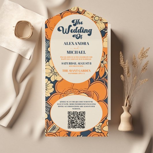 QR Code Kleurrijke Groovy Retro 70s Bloemenbruilof All In One Uitnodiging