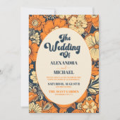 QR Code Kleurrijke Groovy Retro 70s Bloemenbruilof Kaart (Voorkant)