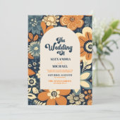 QR Code Kleurrijke Groovy Retro 70s Bloemenbruilof Kaart (Staand voorkant)