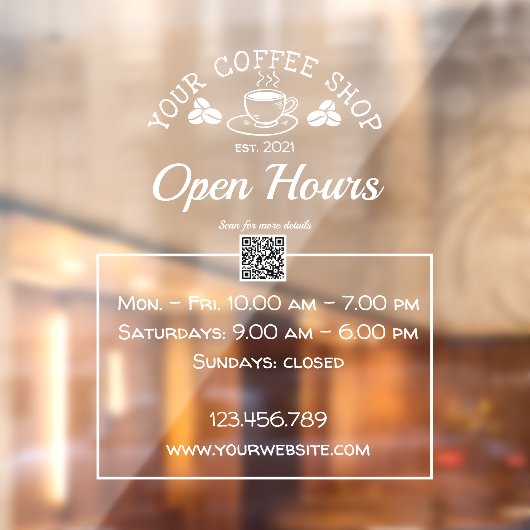 QR-code koffiewinkel, open-uurteken Raamsticker (Vel 2)