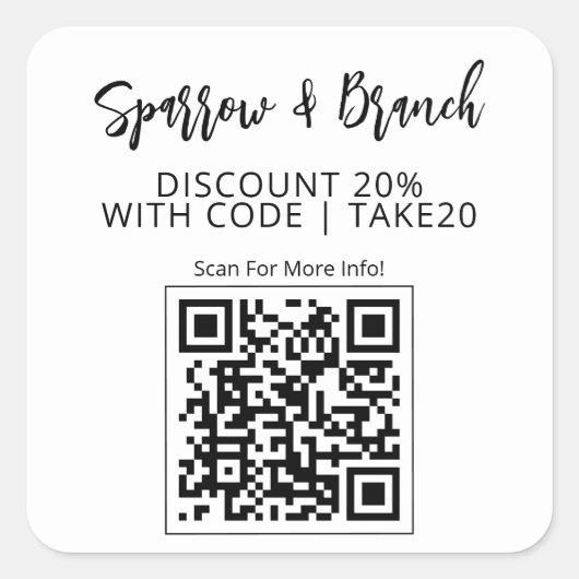 QR-code Korting Coupon scannable Vierkante Sticker (Voorkant)