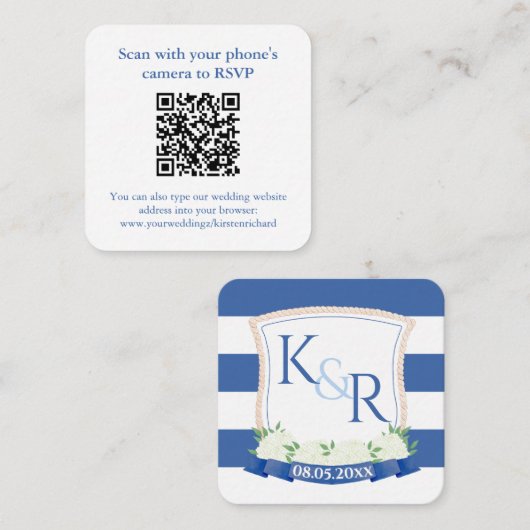 QR Code Kust Blauw en Wit Crest Bruiloft RSVP Informatiekaartje (Voorkant / Achterkant)