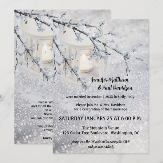 QR Code Lantaarn Sneeuw Winter Bruiloft Receptie A Kaart (Voorkant / Achterkant)