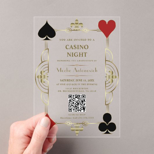 QR-code Las Vegas Casino Night Afstudeerceremonie Acryl Uitnodigingen (Insitu (Draagbaar))