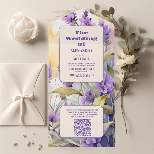 QR Code Lavendel Paarse Bloemen Elegante Bruiloft All In One Uitnodiging