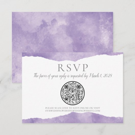 QR Code Lavender Waterverf Weddenschap RSVP Kaartje (Voorkant / Achterkant)