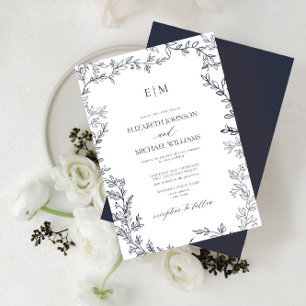 QR-code lef Navy Blue Elegant Monogram Weddenschap Kaart