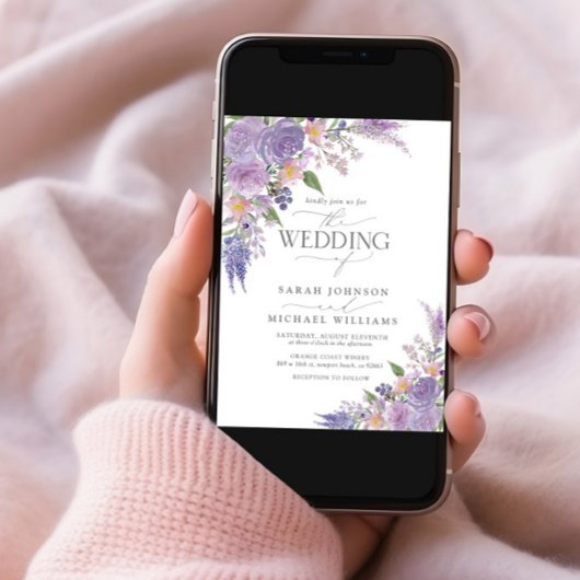 QR Code Lila Lavender Mauve Script Floral Weddensc Kaart