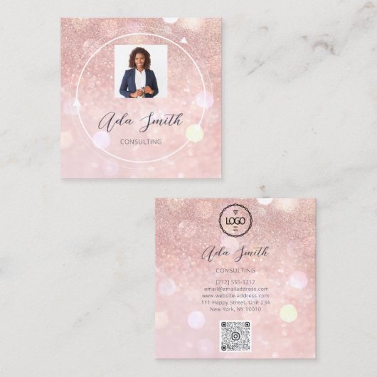 QR Code Logo Aangepaste Aangepaste foto Roos Glitt Vierkante Visitekaartje (Voorkant / Achterkant)