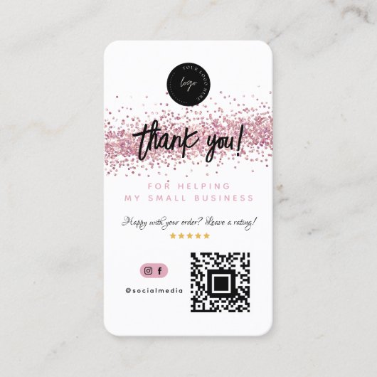 QR Code & Logo Dank u Roos Gouden Glitter Visitekaartje (Voorkant)