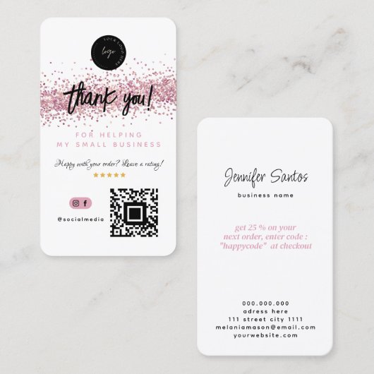 QR Code & Logo Dank u Roos Gouden Glitter Visitekaartje (Voorkant / Achterkant)