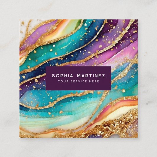 QR Code & Logo Elegant Rainbow Agate gold Glitter Vierkante Visitekaartje (Voorkant)
