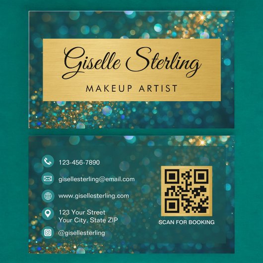 QR Code Luxury Makeup Artist Gold Teal Glitter Visitekaartje